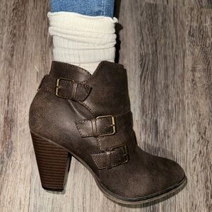 Forever Dark Brown Western Cowgirl Ankle Heeled Boots with Triple Buckle Accent